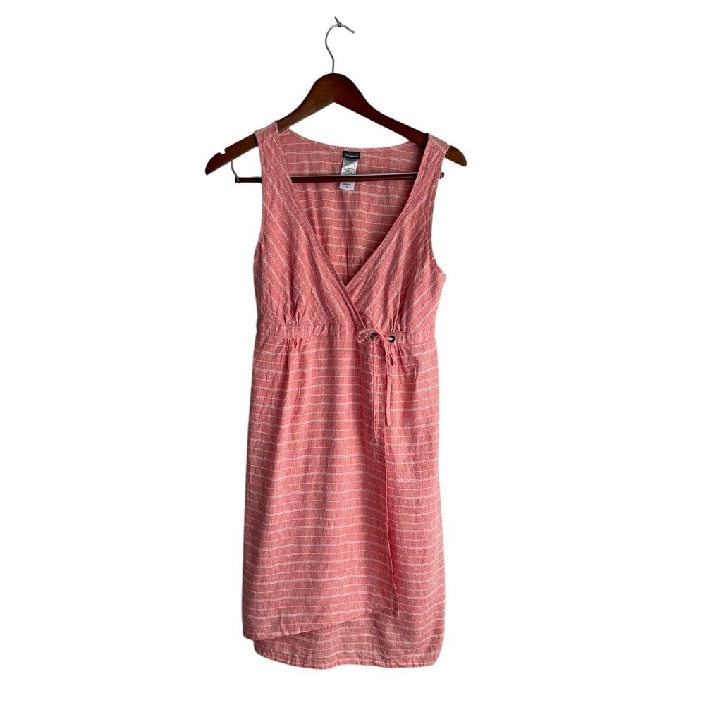 Patagonia Hemp Organic Cotton Striped Wrap Dress Coral‎ Pink White 58980 Size 6